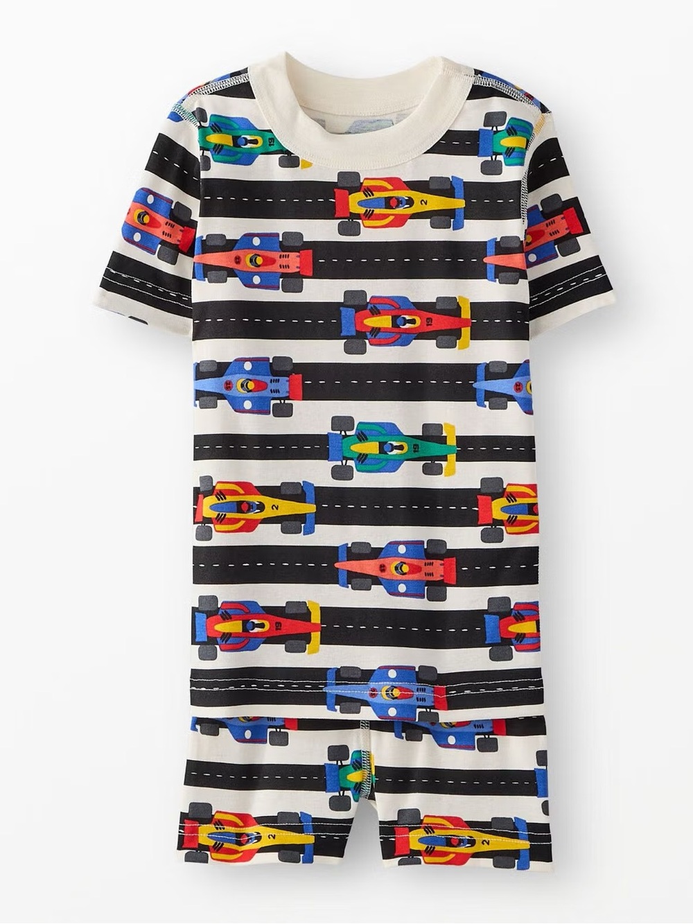 Hanna Andersson Cream Black Kids Pajama Set with Colorful Race Cars